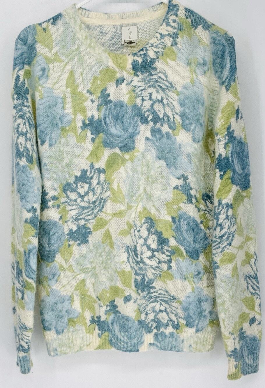 Joie Floral Mohair Wool Sweater M Blue Green Fuzzy Crewneck Cottagecore